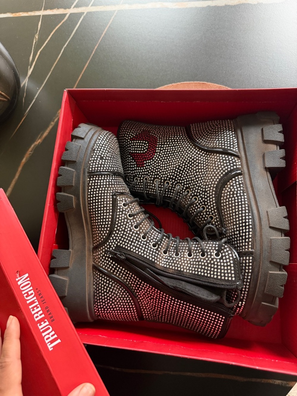True Religion Black Crystal Embellished Lug Boot